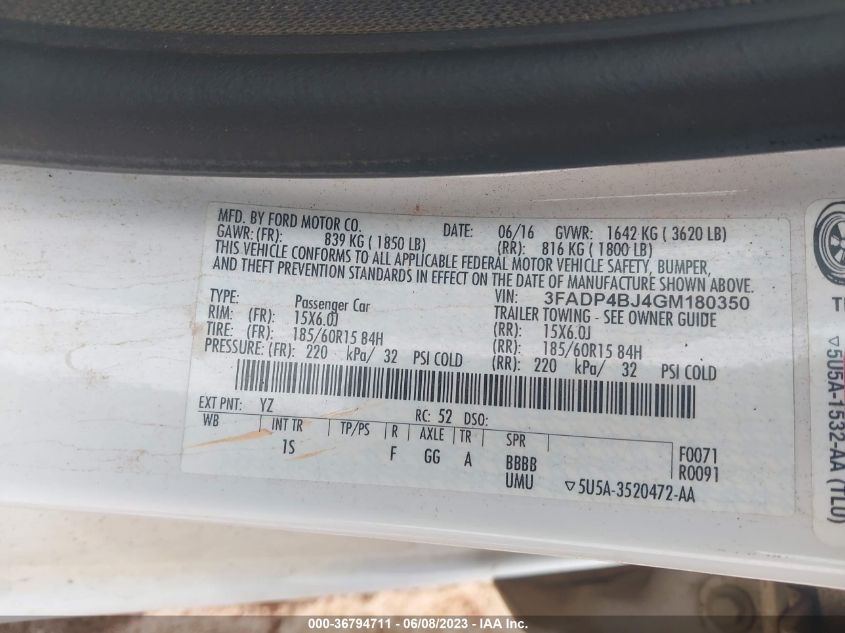 2016 FORD FIESTA SE - 3FADP4BJ4GM180350