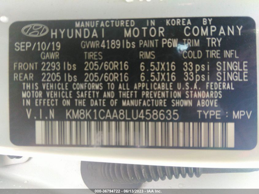 2020 HYUNDAI KONA SE - KM8K1CAA8LU458635