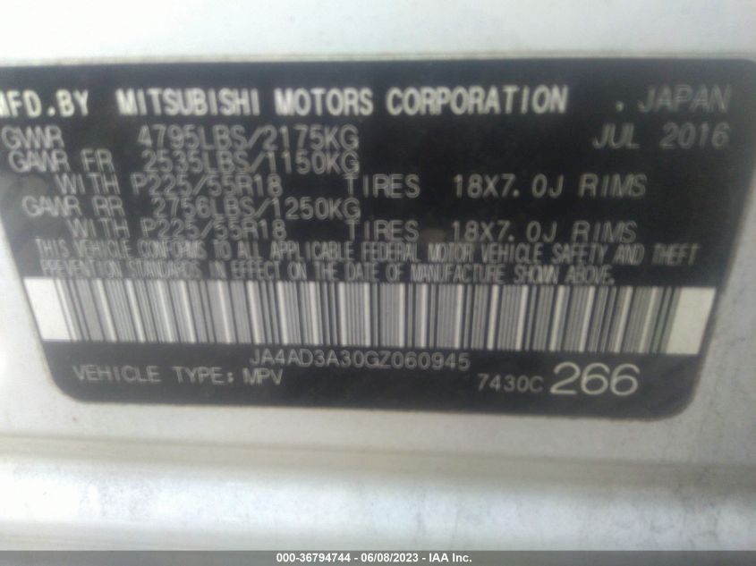2016 MITSUBISHI OUTLANDER SE/SEL - JA4AD3A30GZ060945