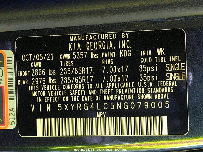 VIN 5XYRG4LC5NG079005 2022 KIA SORENTO LX