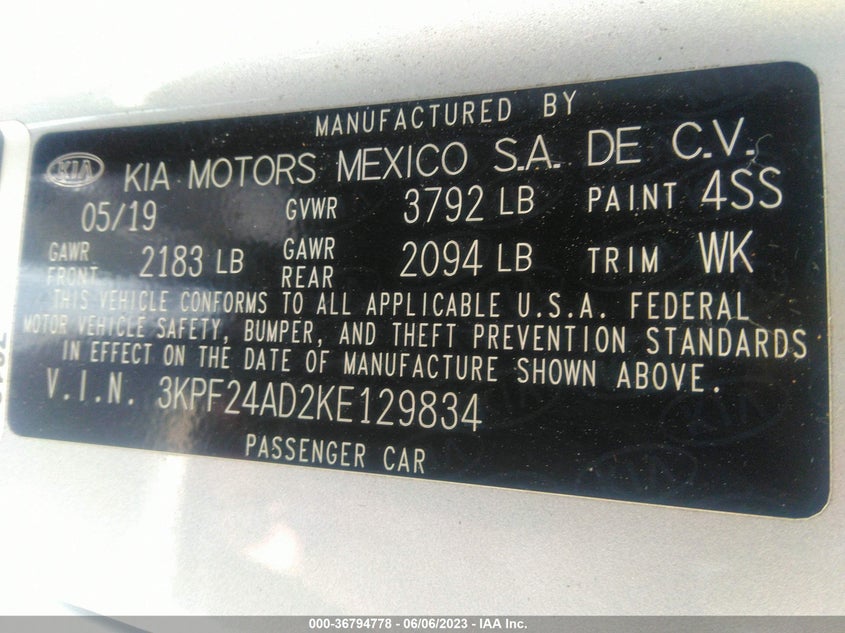 VIN 3KPF24AD2KE129834 2019 KIA FORTE LXS