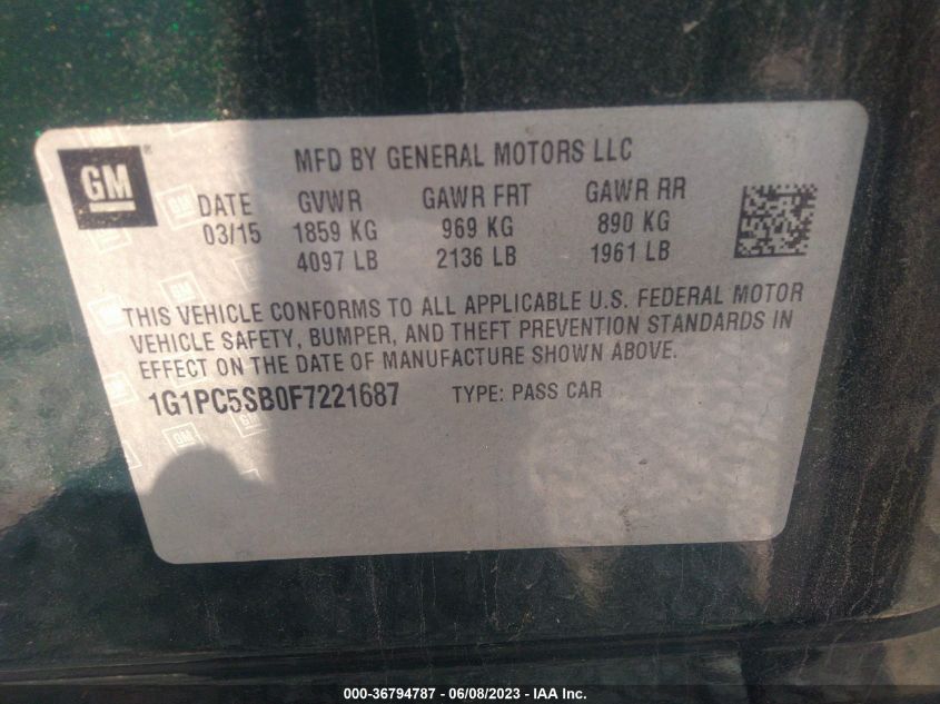 2015 CHEVROLET CRUZE LT - 1G1PC5SB0F7221687