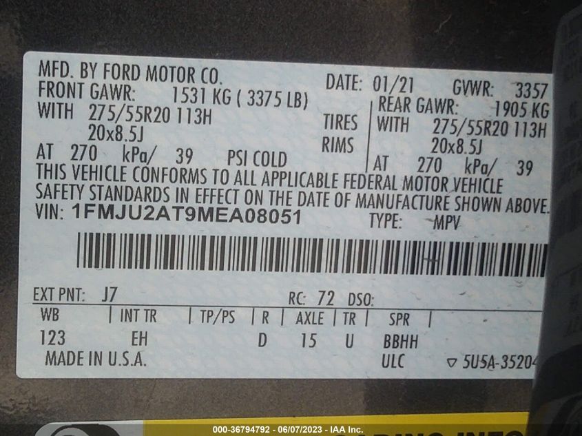 2021 FORD EXPEDITION LIMITED - 1FMJU2AT9MEA08051