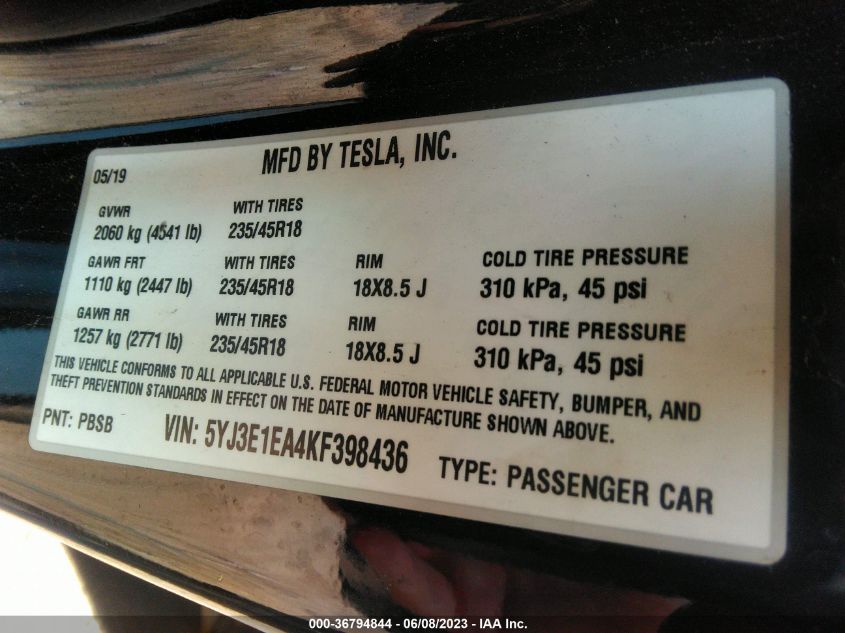 2019 TESLA MODEL 3 - 5YJ3E1EA4KF398436