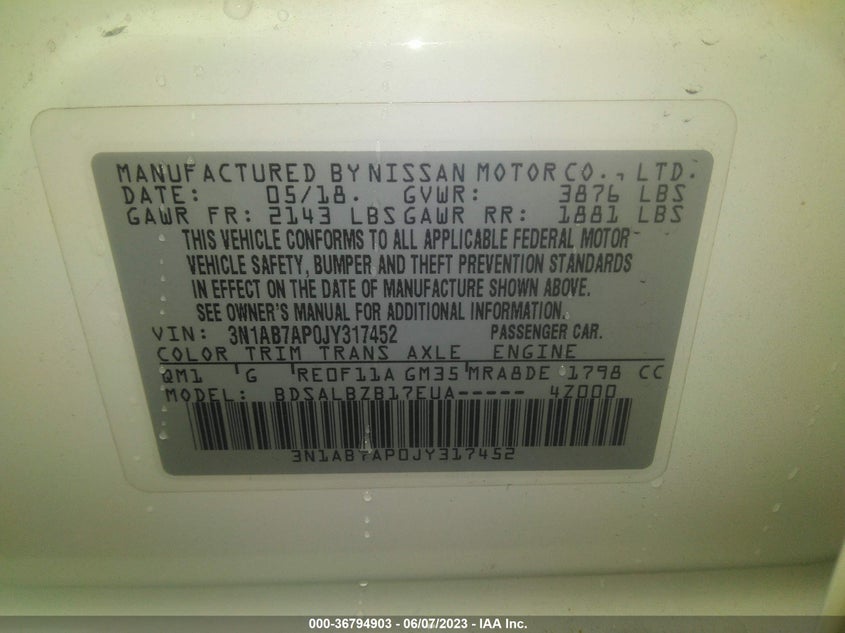 VIN 3N1AB7AP0JY317452 2018 NISSAN SENTRA S