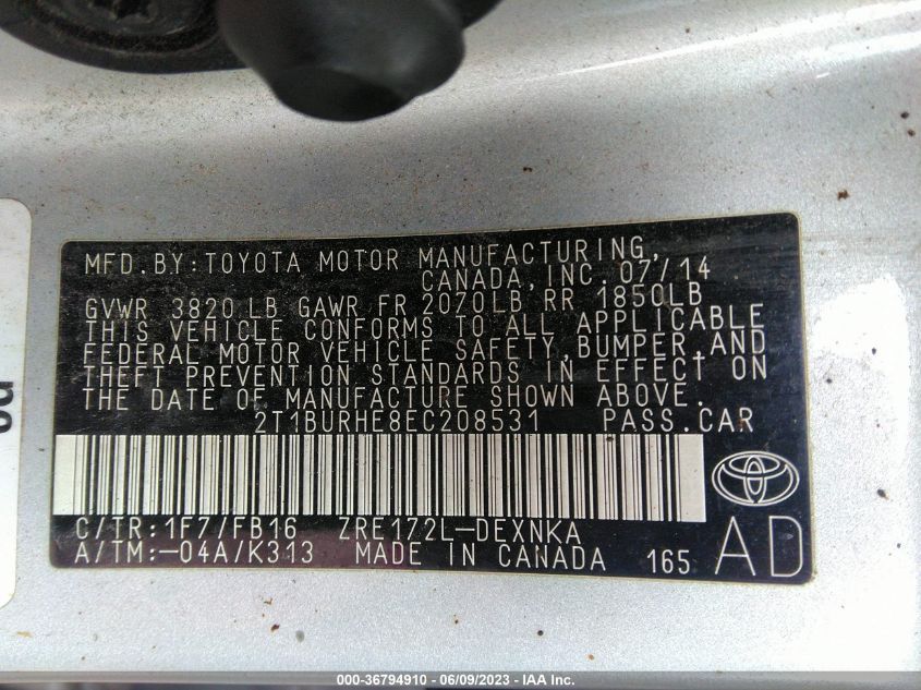 2014 TOYOTA COROLLA L/LE/S/S PLUS/LE PLUS - 2T1BURHE8EC208531