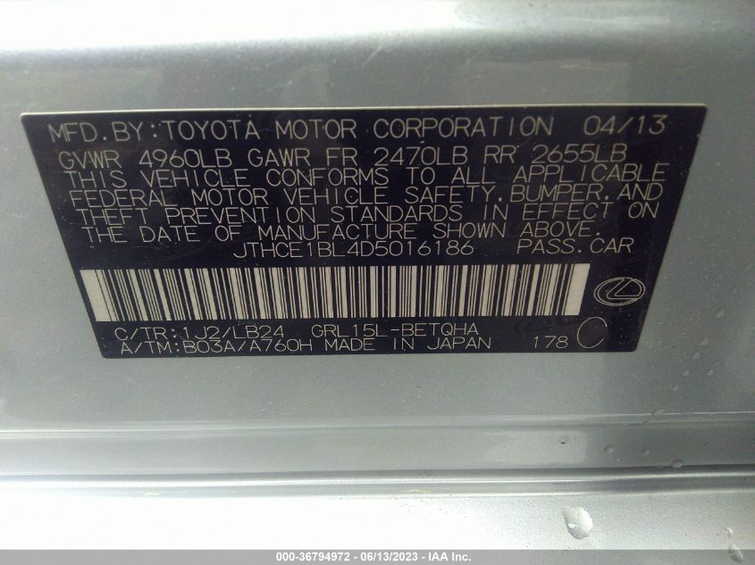 2013 LEXUS GS 350 - JTHCE1BL4D5016186
