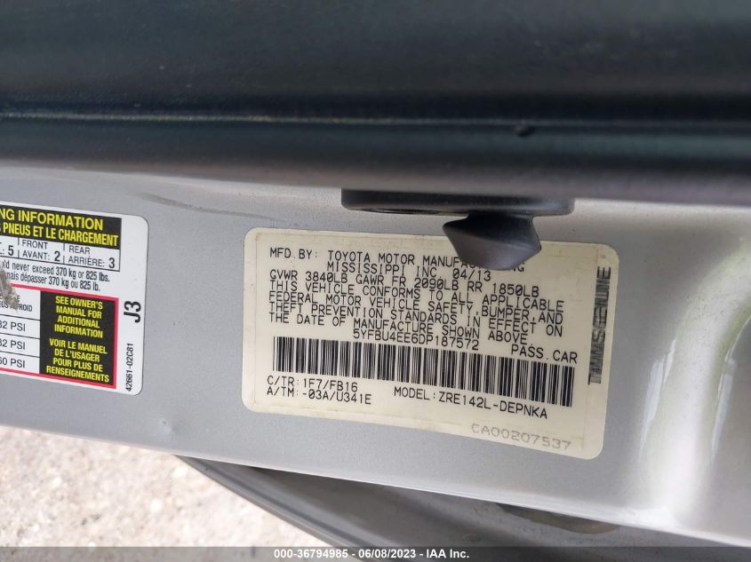 2013 TOYOTA COROLLA S/LE - 5YFBU4EE6DP187572