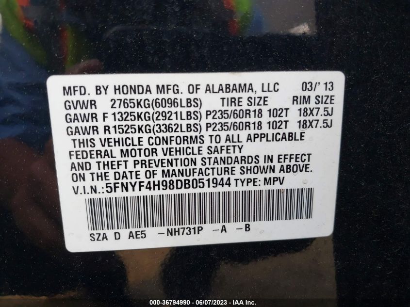 2013 HONDA PILOT TOURING - 5FNYF4H98DB051944