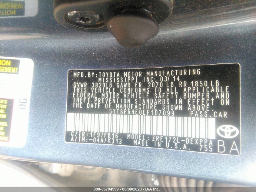 2014 TOYOTA COROLLA LE ECO - 5YFBPRHE0EP107099