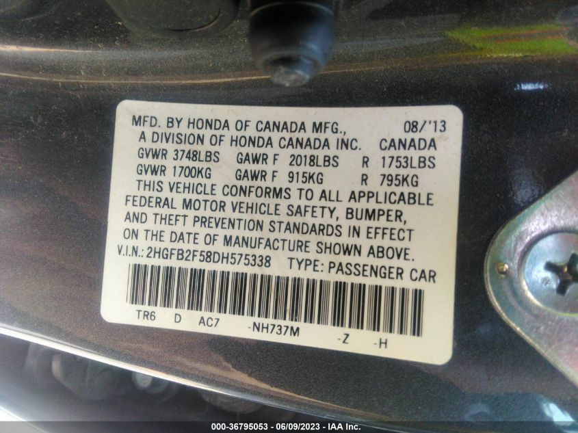 2013 HONDA CIVIC SDN LX - 2HGFB2F58DH575338