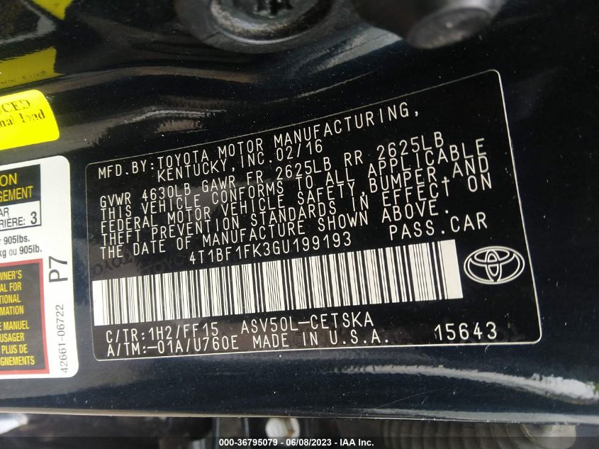2016 TOYOTA CAMRY XLE/SE/LE/XSE - 4T1BF1FK3GU199193