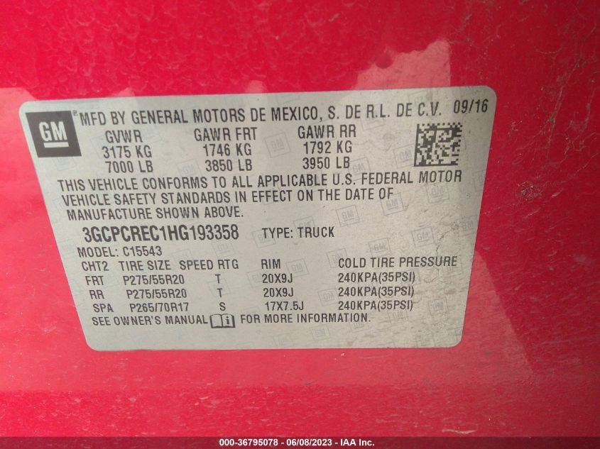 2017 CHEVROLET SILVERADO 1500 LT - 3GCPCREC1HG193358