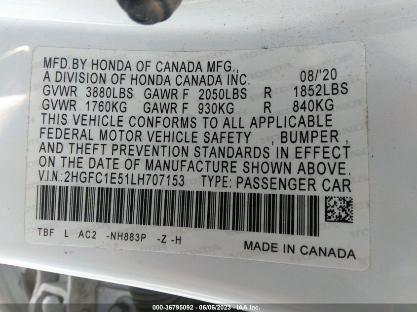 2020 HONDA CIVIC SI SEDAN - 2HGFC1E51LH707153