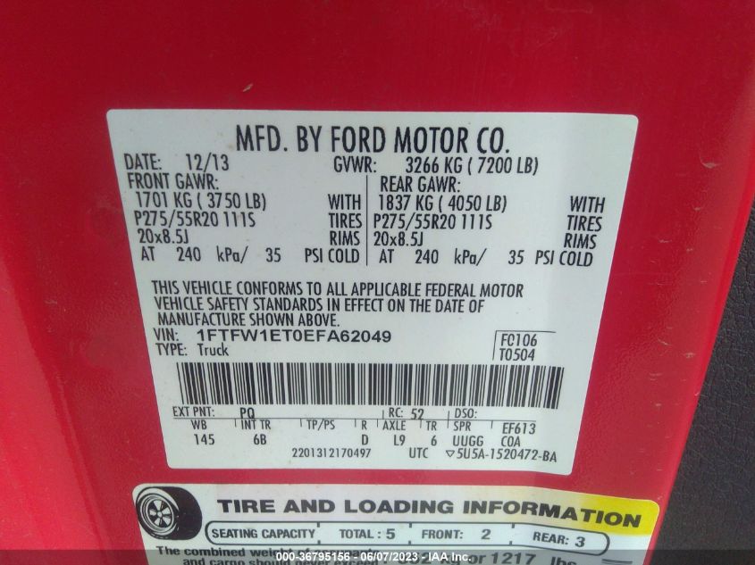 2014 FORD F-150 XL/XLT/FX4/LARIAT - 1FTFW1ET0EFA62049
