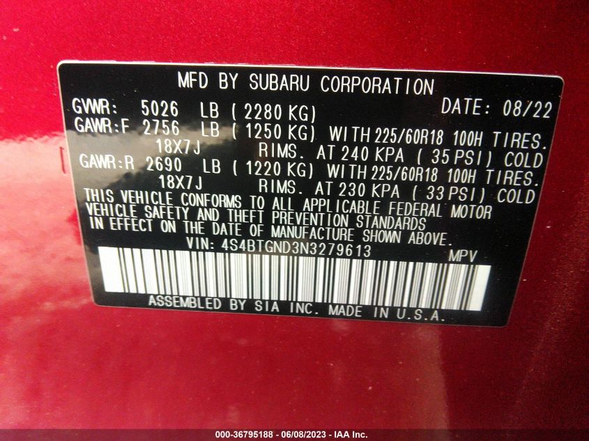 2022 SUBARU OUTBACK LIMITED XT - 4S4BTGND3N3279613