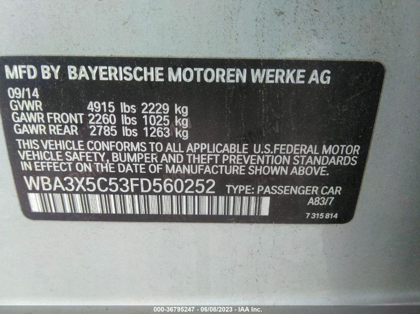2015 BMW 3 SERIES GRAN TURISMO 328I XDRIVE - WBA3X5C53FD560252