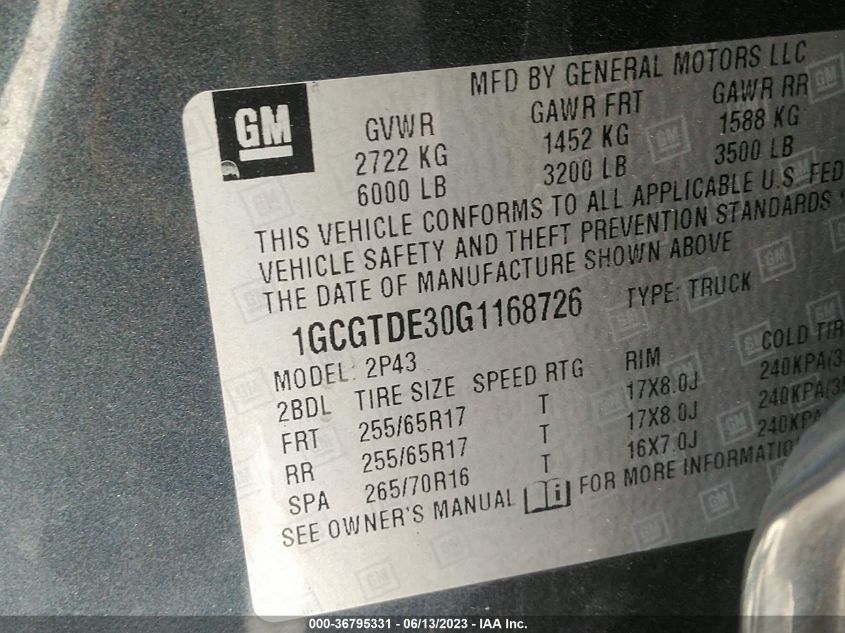 2016 CHEVROLET COLORADO 4WD Z71 - 1GCGTDE30G1168726