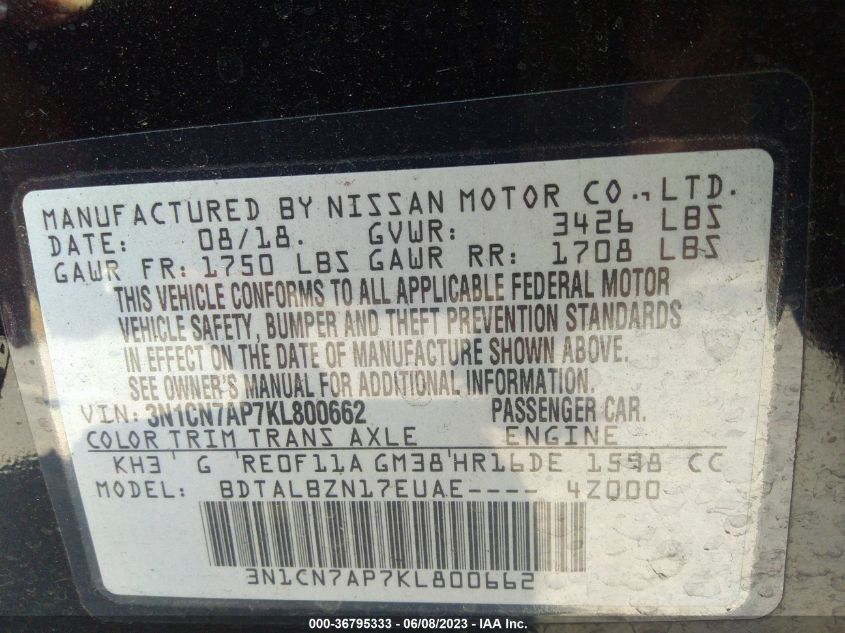 2019 NISSAN VERSA SEDAN SV - 3N1CN7AP7KL800662