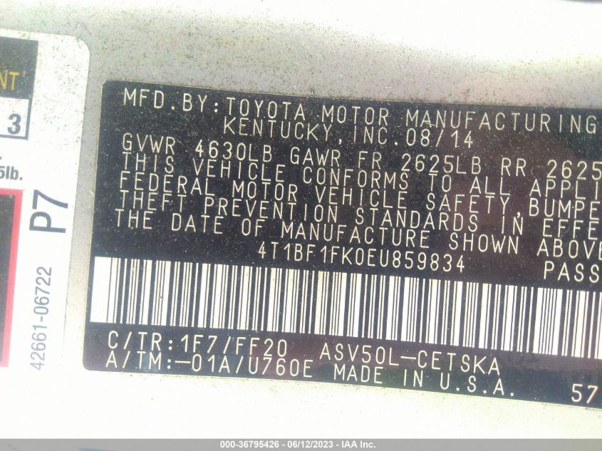 2014 TOYOTA CAMRY L/LE/XLE/SE/SE SPORT - 4T1BF1FK0EU859834