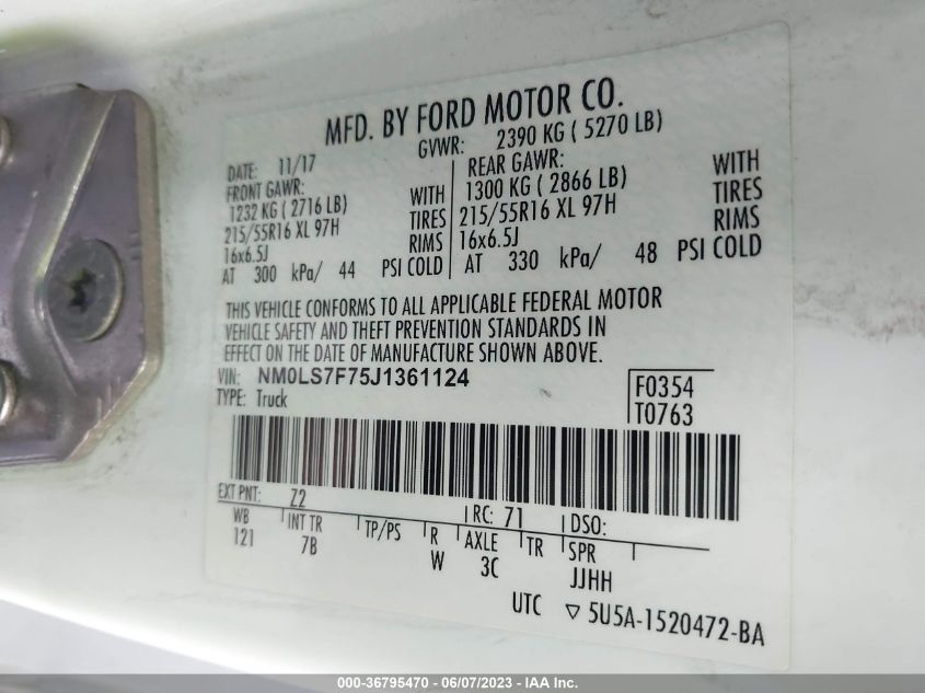 2018 FORD TRANSIT CONNECT VAN XLT NM0LS7F75J1361124