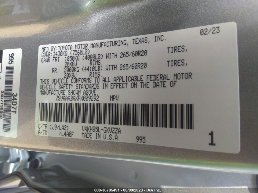 2023 TOYOTA SEQUOIA SR5/LIMITED/PLATINUM - 7SVAAABAXPX009292