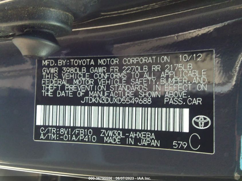 2013 TOYOTA PRIUS ONE/TWO/THREE/FOUR/FIVE - JTDKN3DUXD5549688