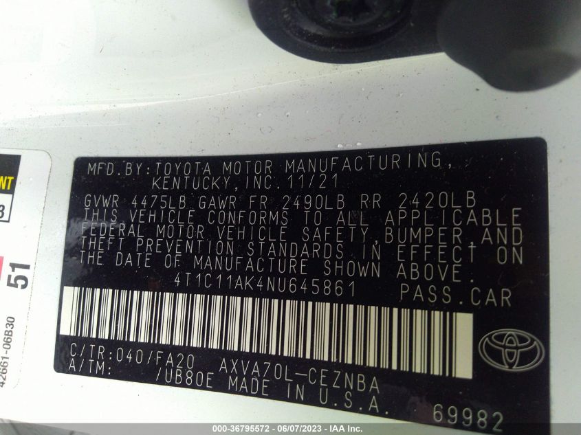 2022 TOYOTA CAMRY LE - 4T1C11AK4NU645861