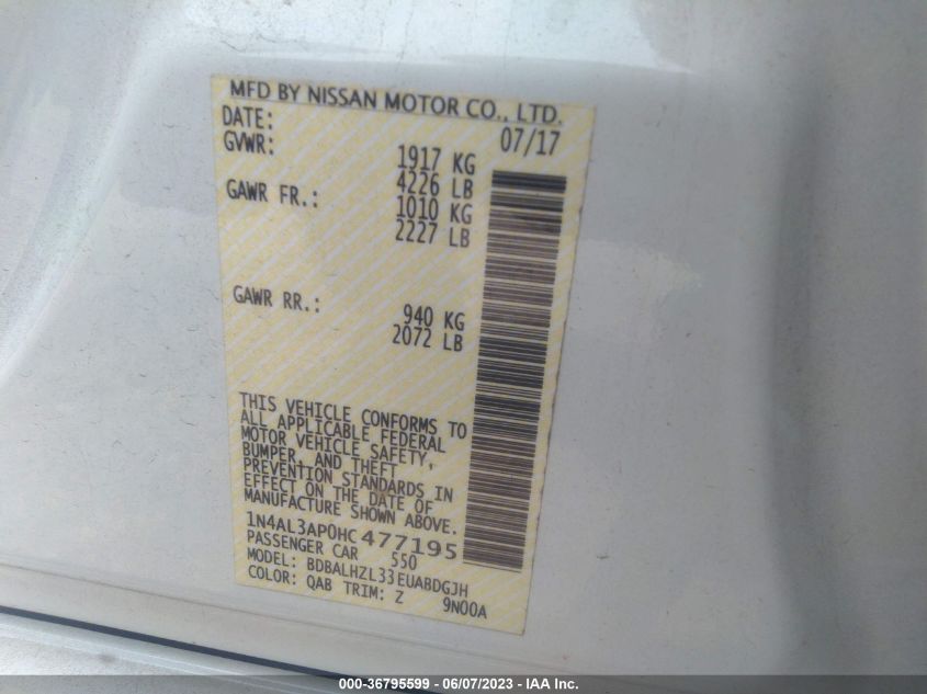 2016 NISSAN ALTIMA 2.5/S/SV/SL/SR - 1N4AL3APXGC214534