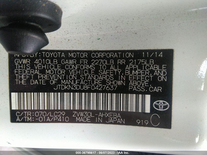 2015 TOYOTA PRIUS FOUR - JTDKN3DU8F0427637