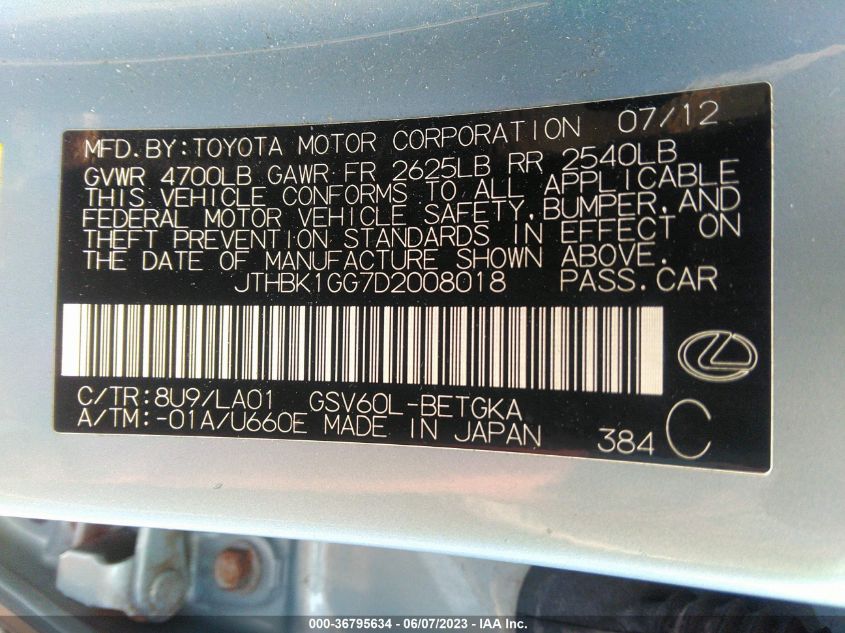 2013 LEXUS ES 350 4DR SDN - JTHBK1GG7D2008018