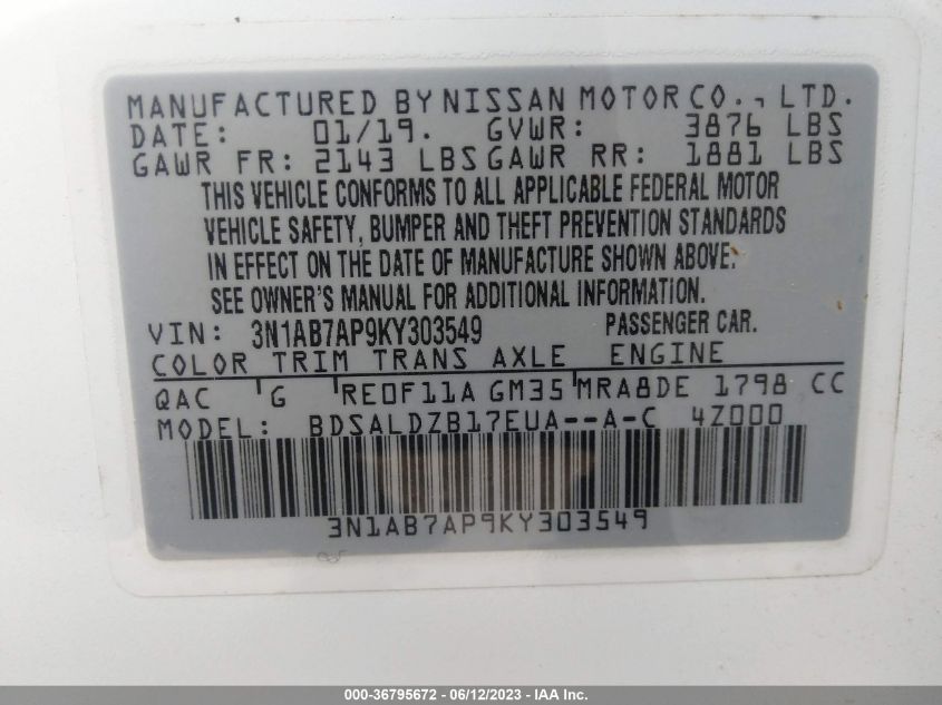 2019 NISSAN SENTRA SV - 3N1AB7AP9KY303549