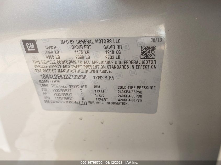 2013 CHEVROLET EQUINOX LT - 1GNALDEK2DZ128536