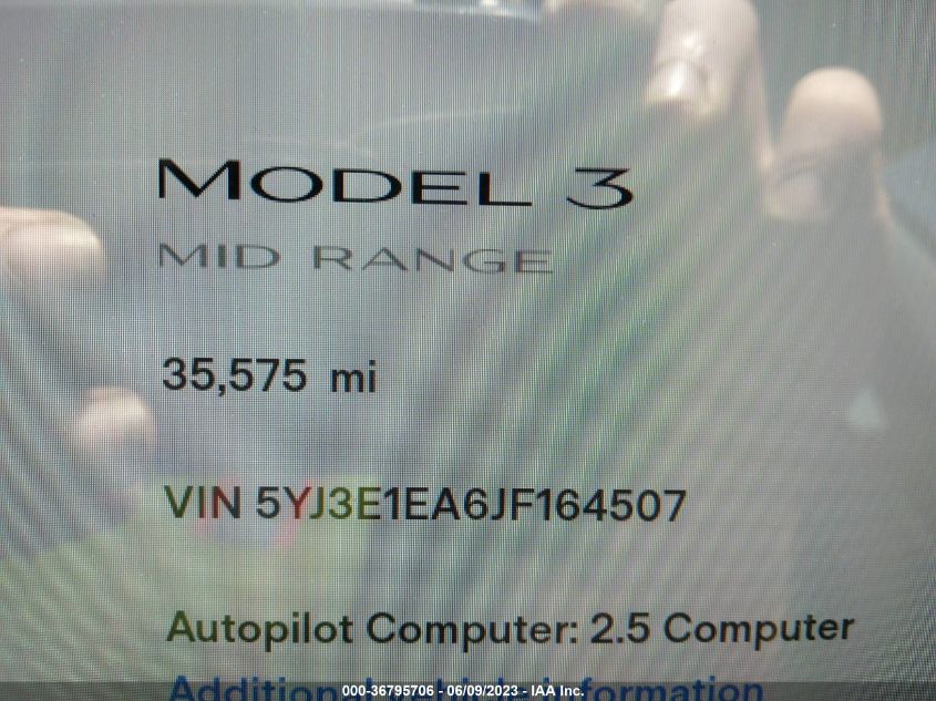 2018 TESLA MODEL 3 RANGE BATTERY - 5YJ3E1EA6JF164507