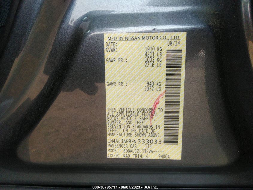 2015 NISSAN ALTIMA 2.5 S - 1N4AL3AP9FN333033