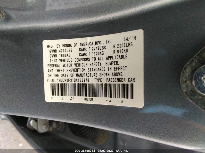 2016 HONDA ACCORD SEDAN LX - 1HGCR2F31GA183978