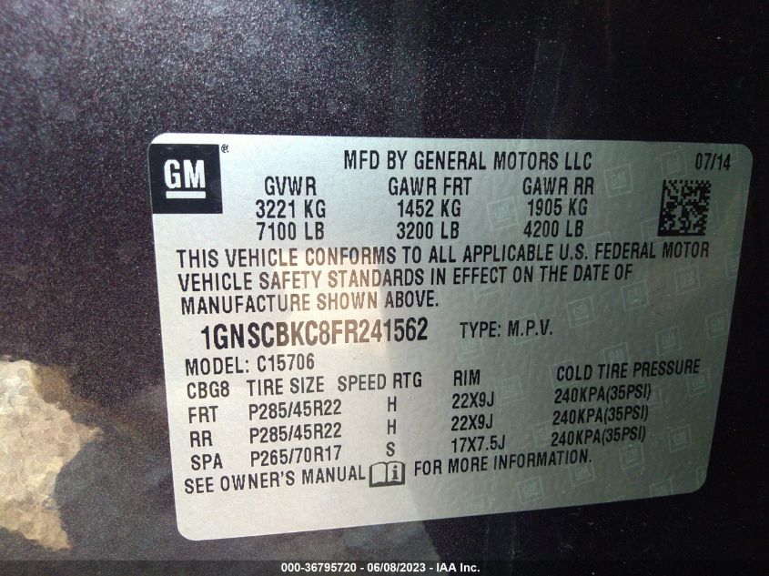 2015 CHEVROLET TAHOE C1500 LT - 1GNSCBKC8FR241562