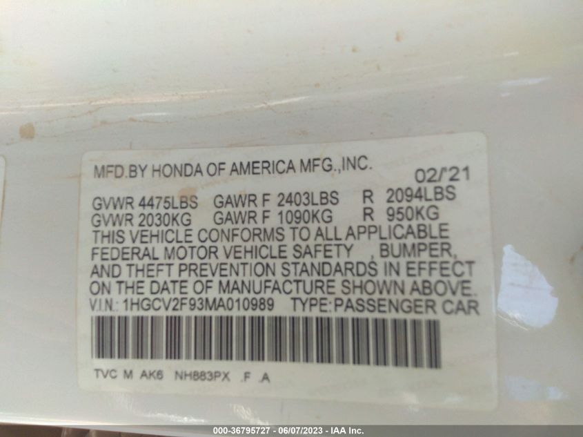 2021 HONDA ACCORD SEDAN TOURING - 1HGCV2F93MA010989
