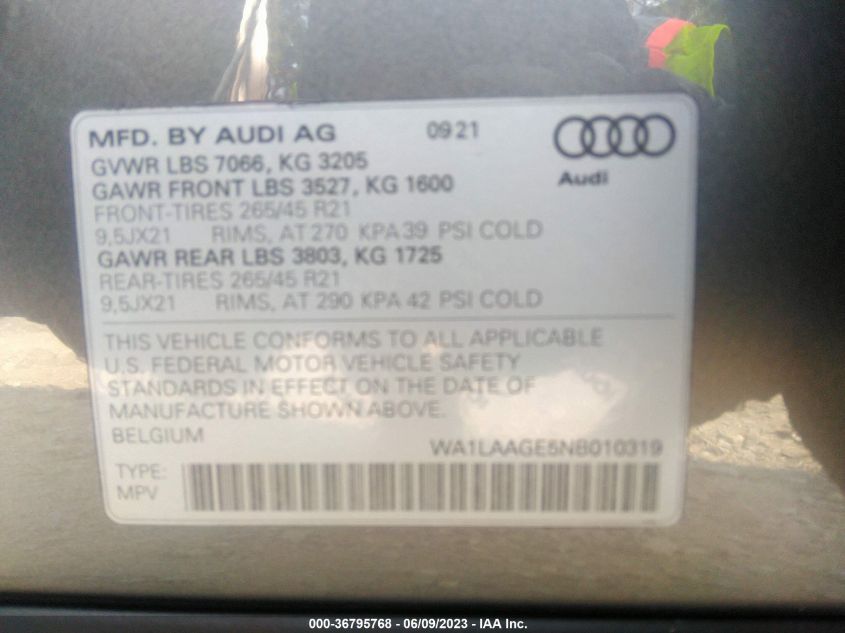 2022 AUDI E-TRON PREMIUM PLUS WA1LAAGE5NB010319