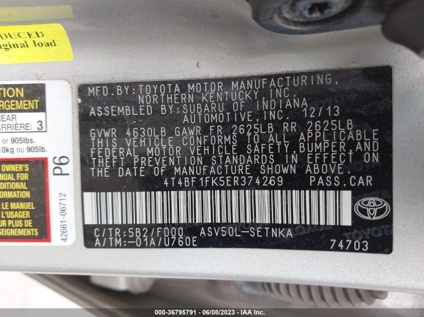 2014 TOYOTA CAMRY L/LE/XLE/SE/SE SPORT - 4T4BF1FK5ER374269