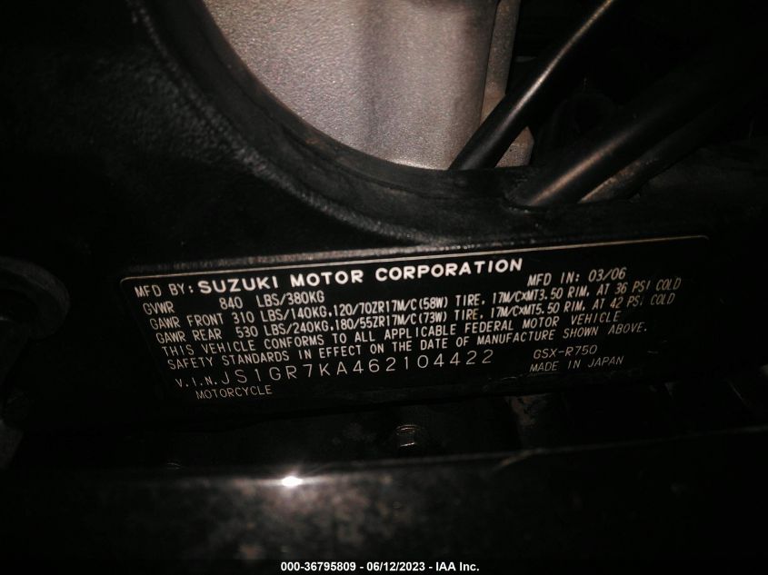 2006 SUZUKI GSX-R750 K6 - JS1GR7KA462104422