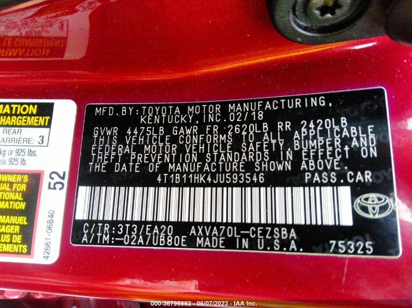 2018 TOYOTA CAMRY L/LE/XLE/SE/XSE - 4T1B11HK4JU593546