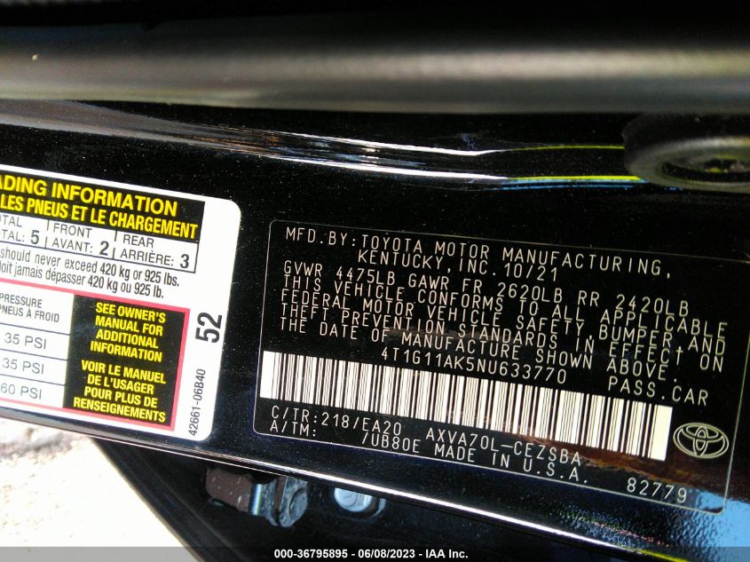 2022 TOYOTA CAMRY SE/SE NIGHT SHADE - 4T1G11AK5NU633770