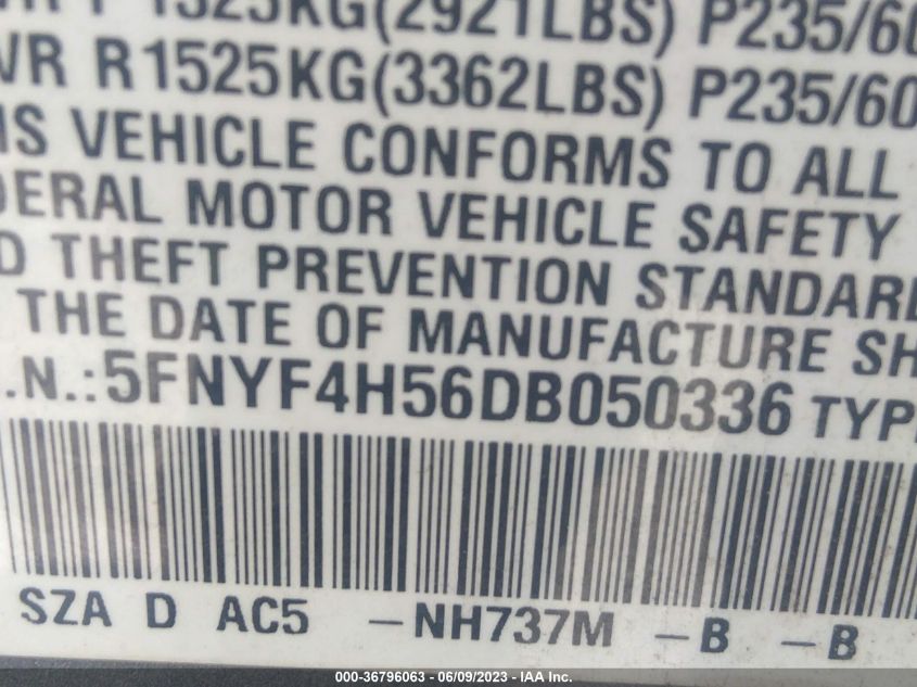 2013 HONDA PILOT EXL - 5FNYF4H56DB050336