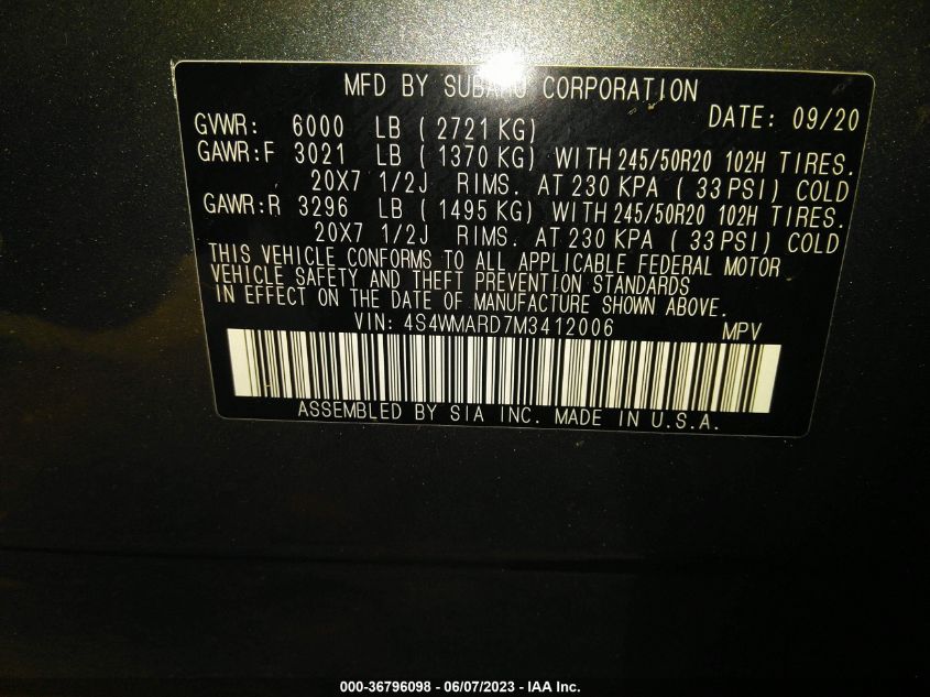 2021 SUBARU ASCENT TOURING - 4S4WMARD7M3412006