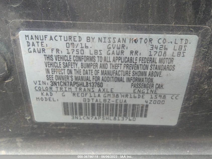 2017 NISSAN VERSA SEDAN S/S PLUS/SL/SV - 3N1CN7AP5HL813760