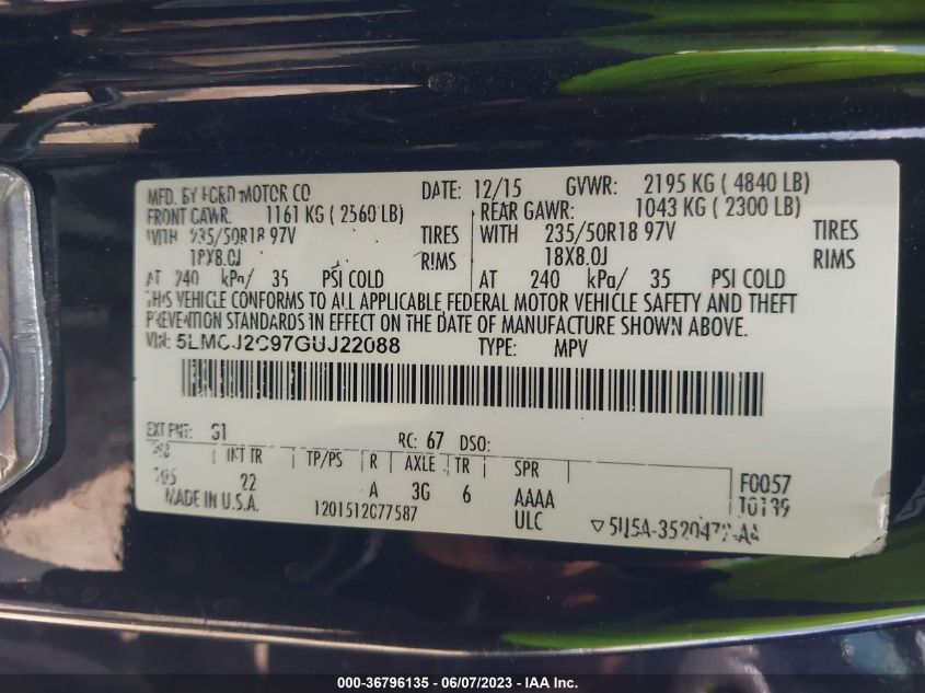 2016 LINCOLN MKC SELECT - 5LMCJ2C97GUJ22088
