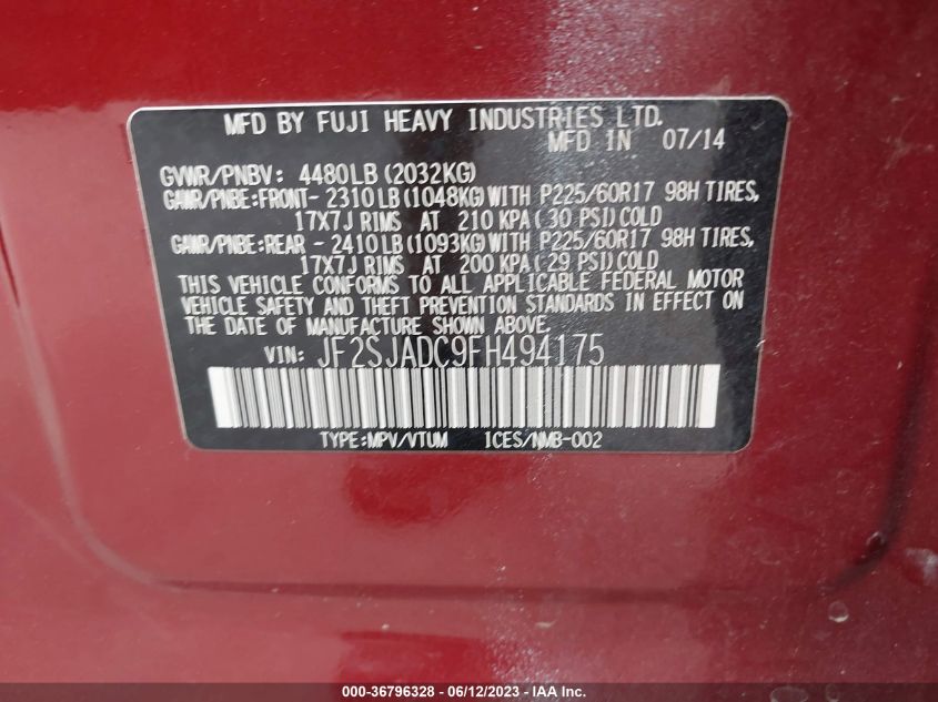 2015 SUBARU FORESTER 2.5I PREMIUM - JF2SJADC9FH494175