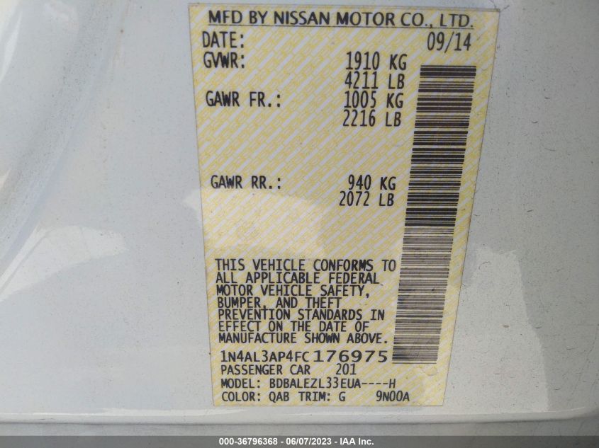 2015 NISSAN ALTIMA 2.5 S - 1N4AL3AP4FC176975