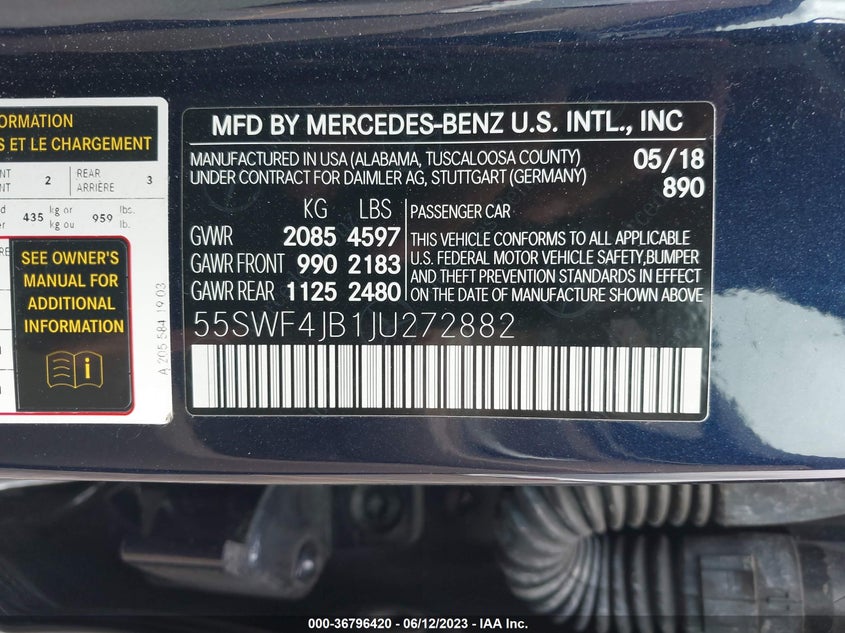 VIN 55SWF4JB1JU272882 2018 MERCEDES-BENZ C-CLASS C 300